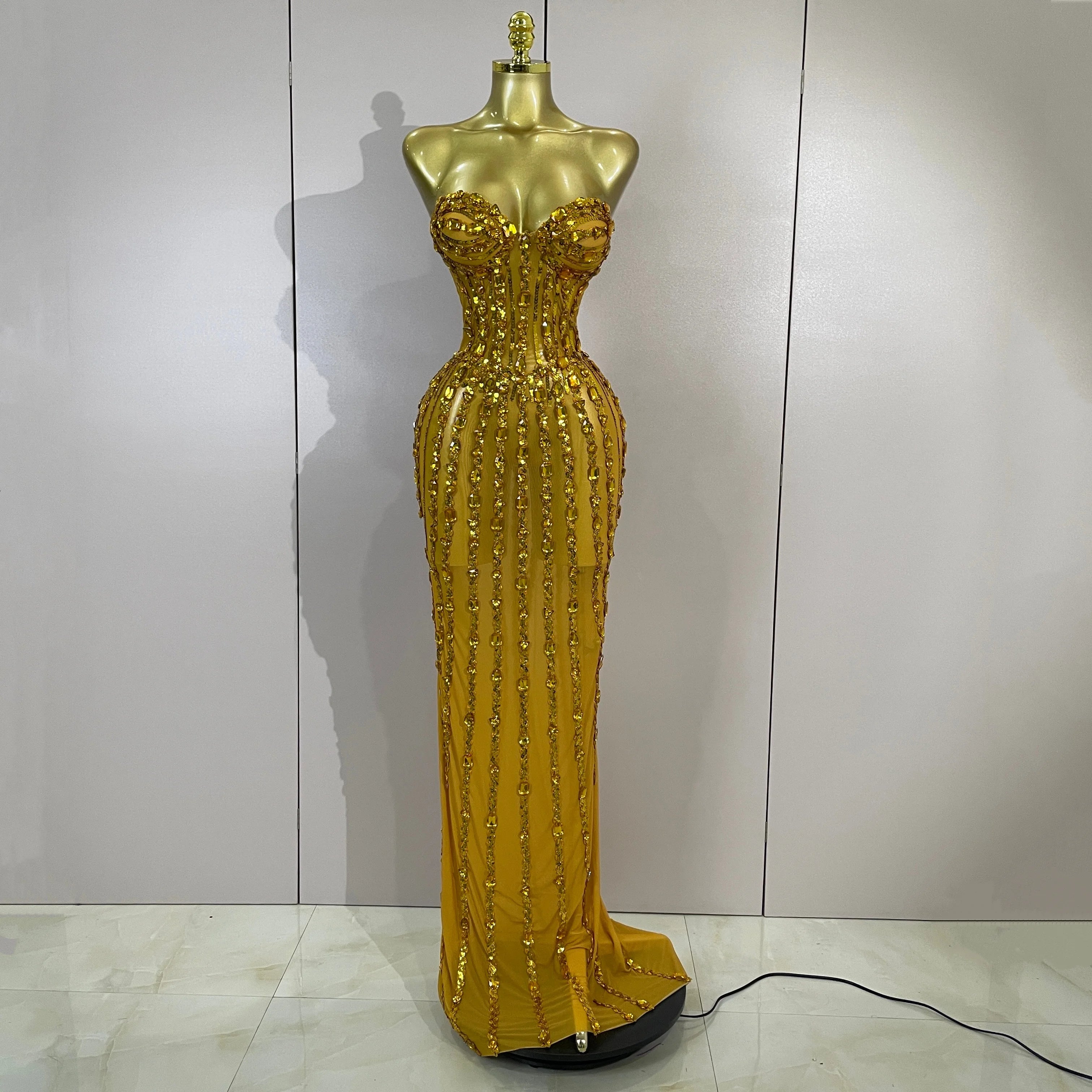 Elegant Gold Strapless Rhinestone Sheer Long Dress – Sexy Evening & Stagewear