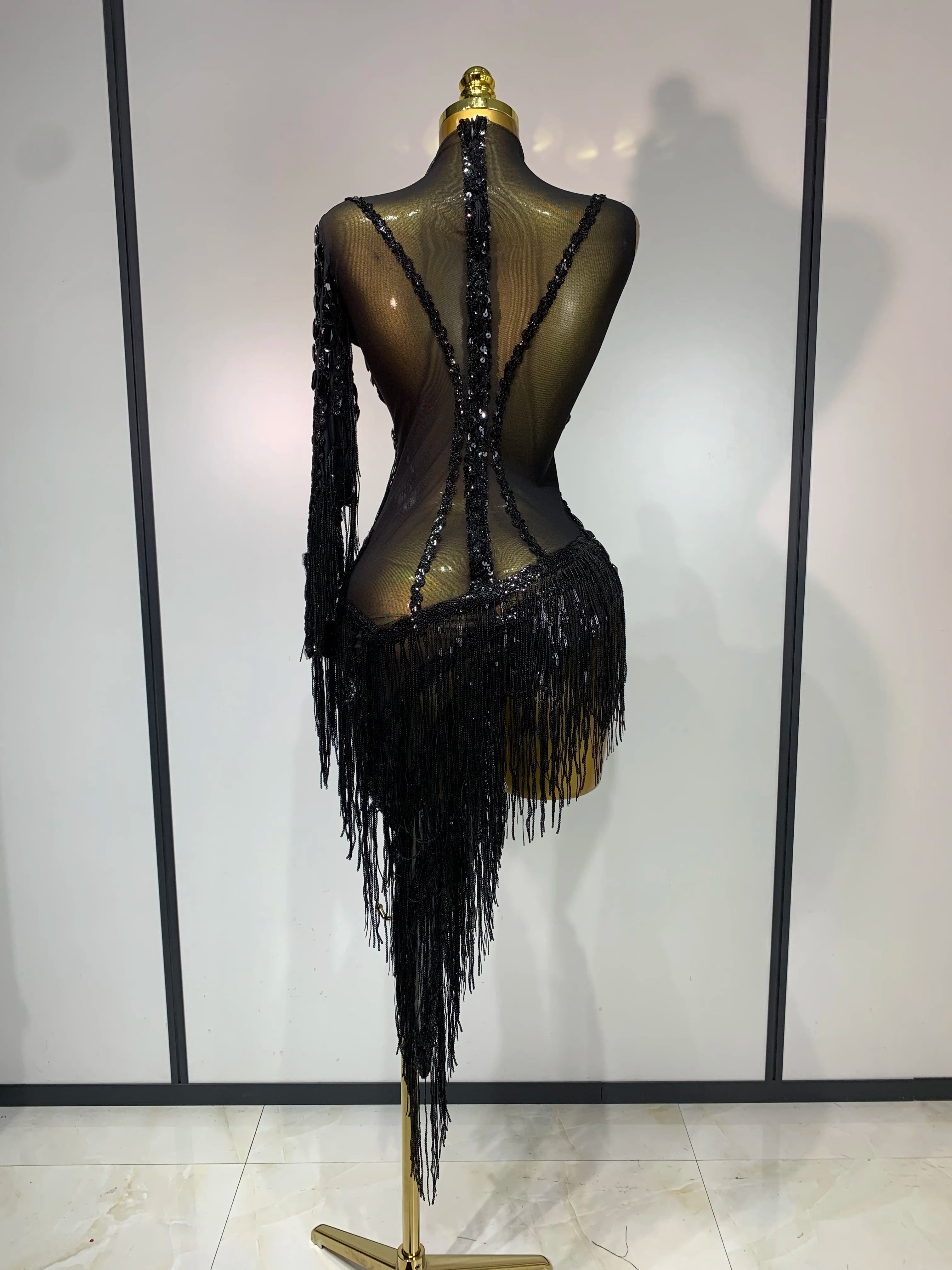 Sparkly One-Shoulder Rhinestone Tassel Mesh Dress