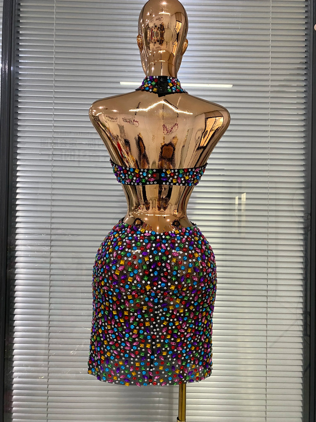 Colorful Rhinestone Cut-Out Backless Bodycon Mini Dress