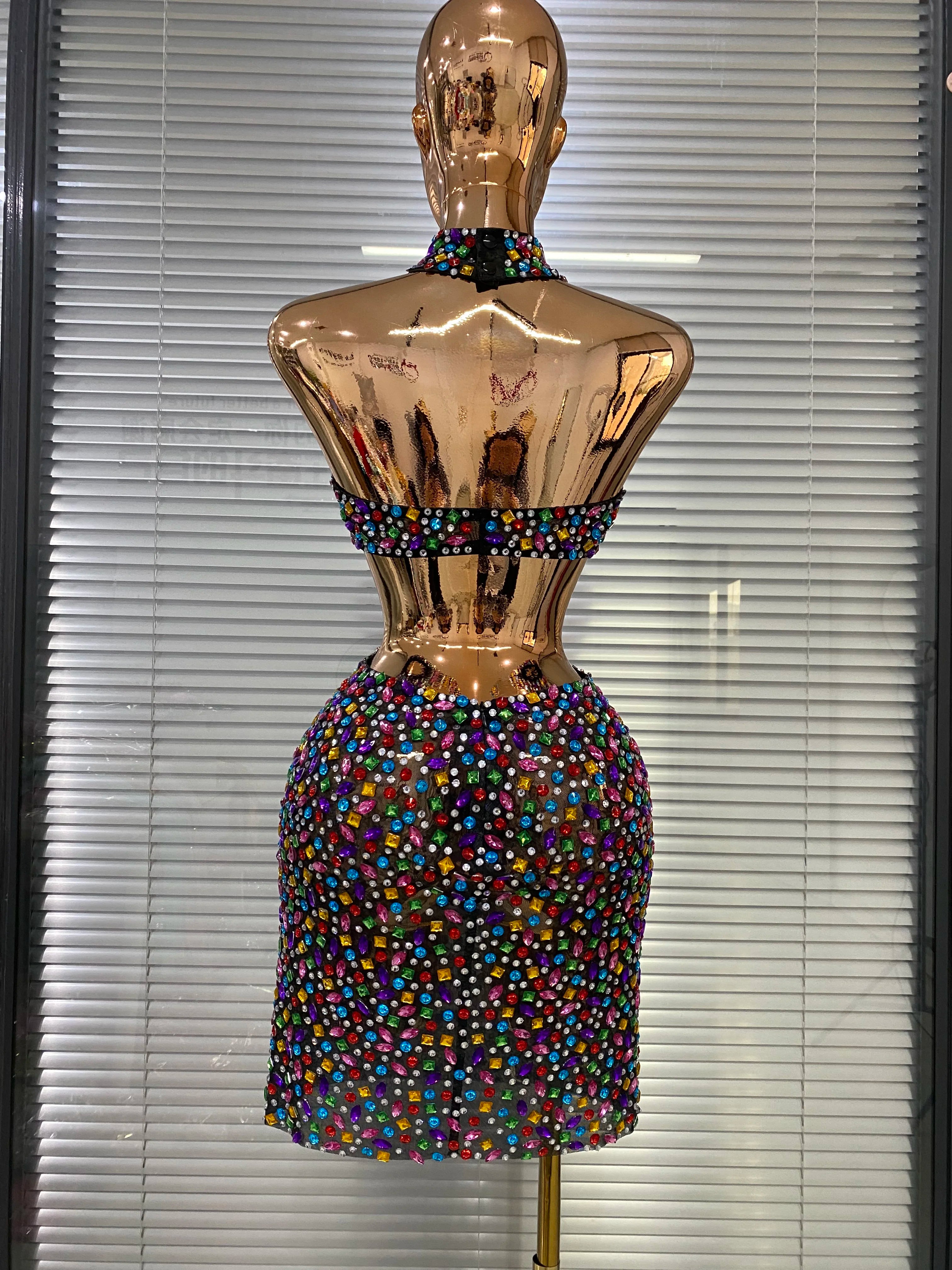Colorful Rhinestone Cut-Out Backless Bodycon Mini Dress