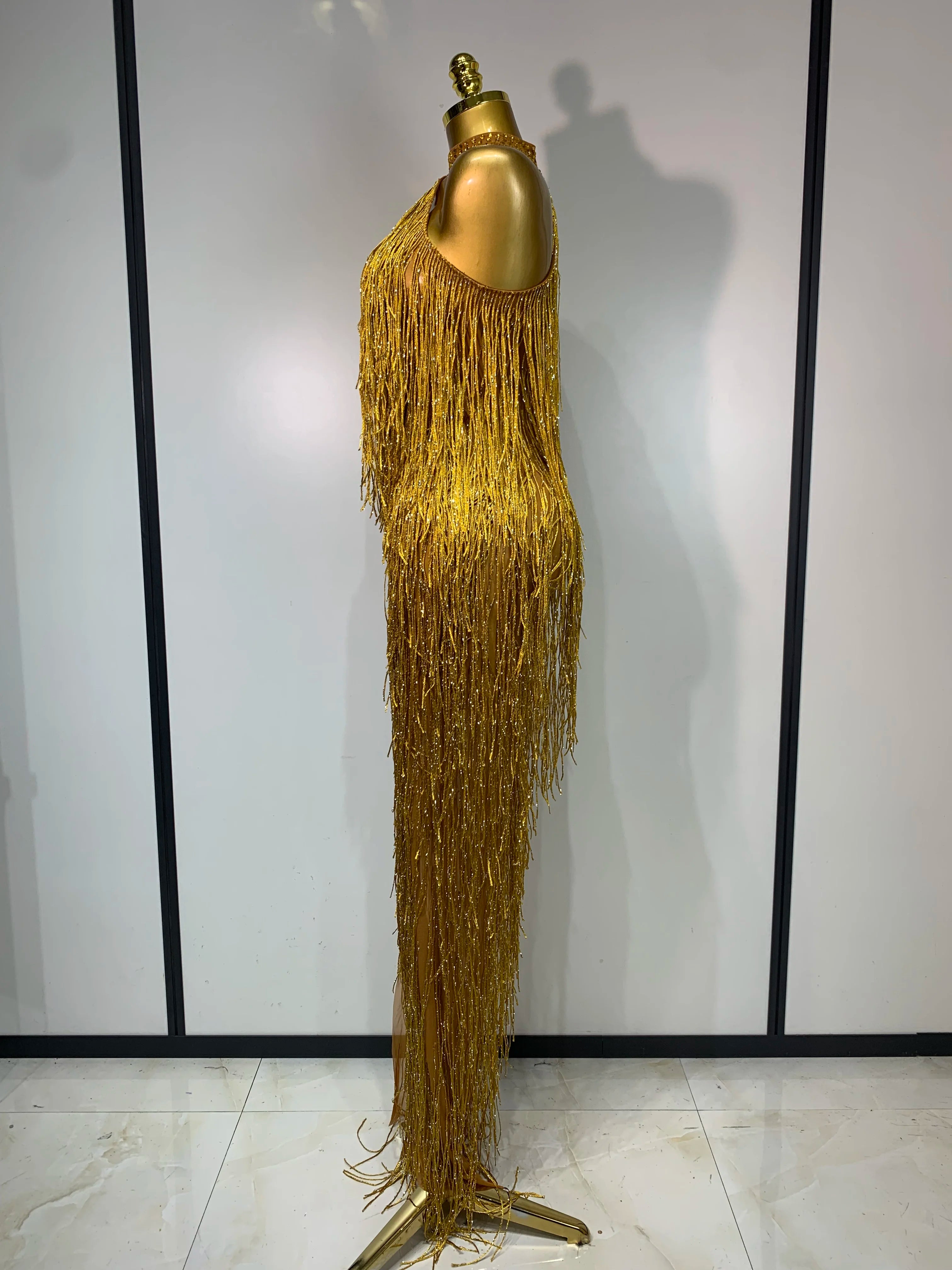 Sexy Gold Crystal Tassel Evening Prom Gown