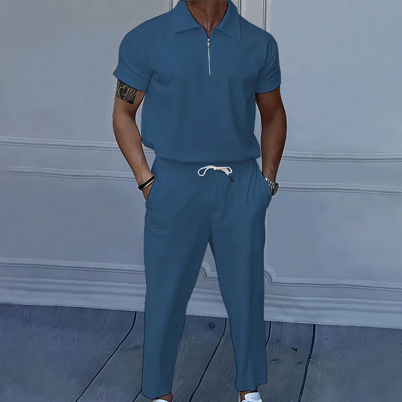 Solid Lapel Short Sleeve Zipper Suit