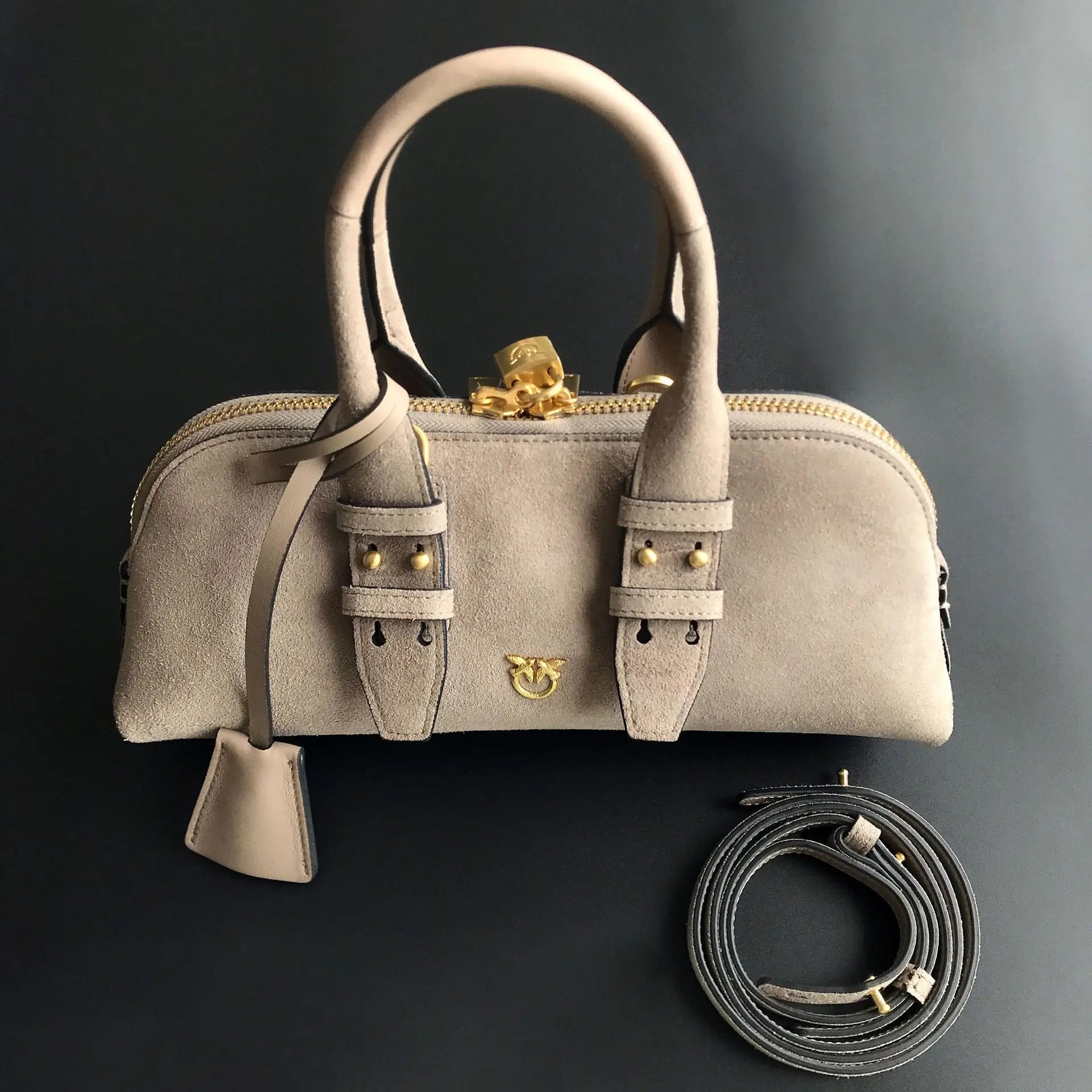Luxury Pinko-Inspired Leather Swallow Bowling Bag