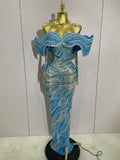 Luxury Blue Rhinestone Long Dress with Gloves – Women’s Party & Evening Gown