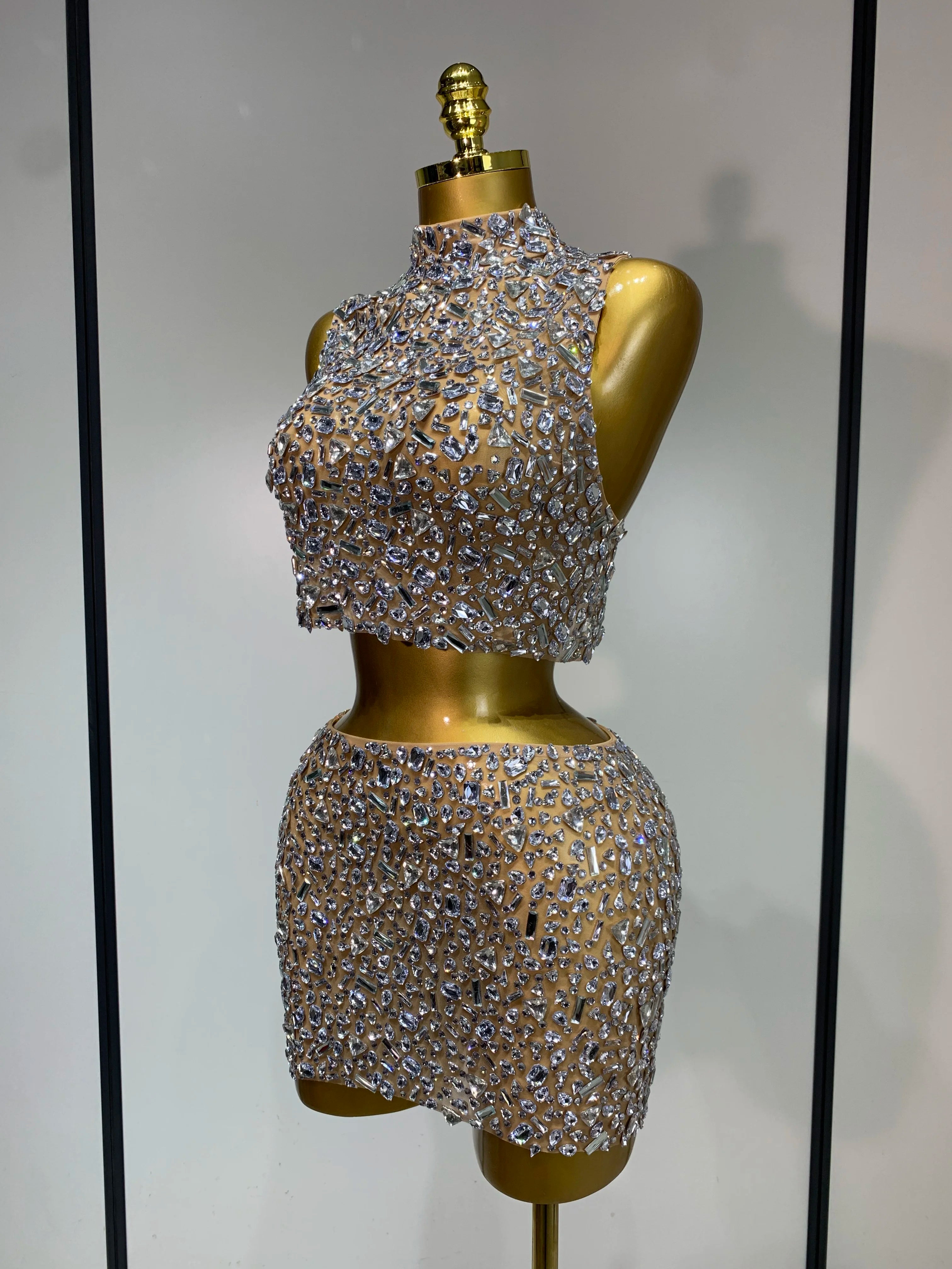 Sparkly Rhinestone Backless Top & Skirt Set