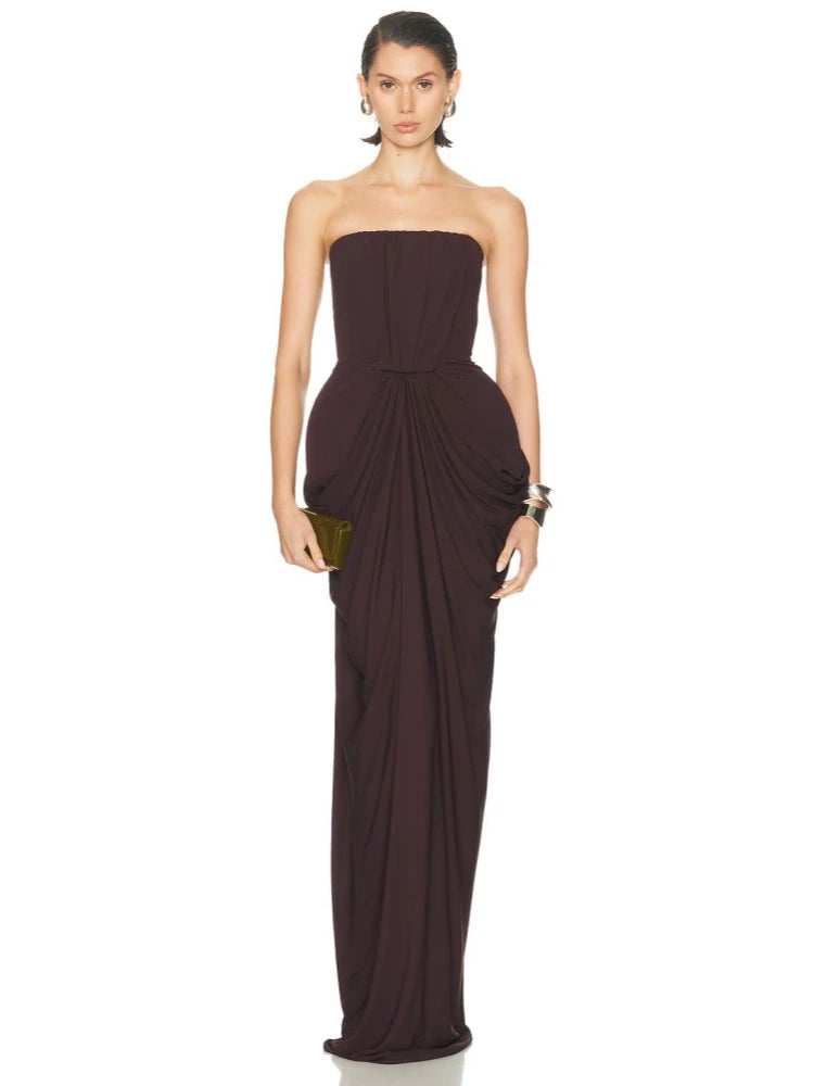 Sexy Strapless Ruched Brown Maxi Dress