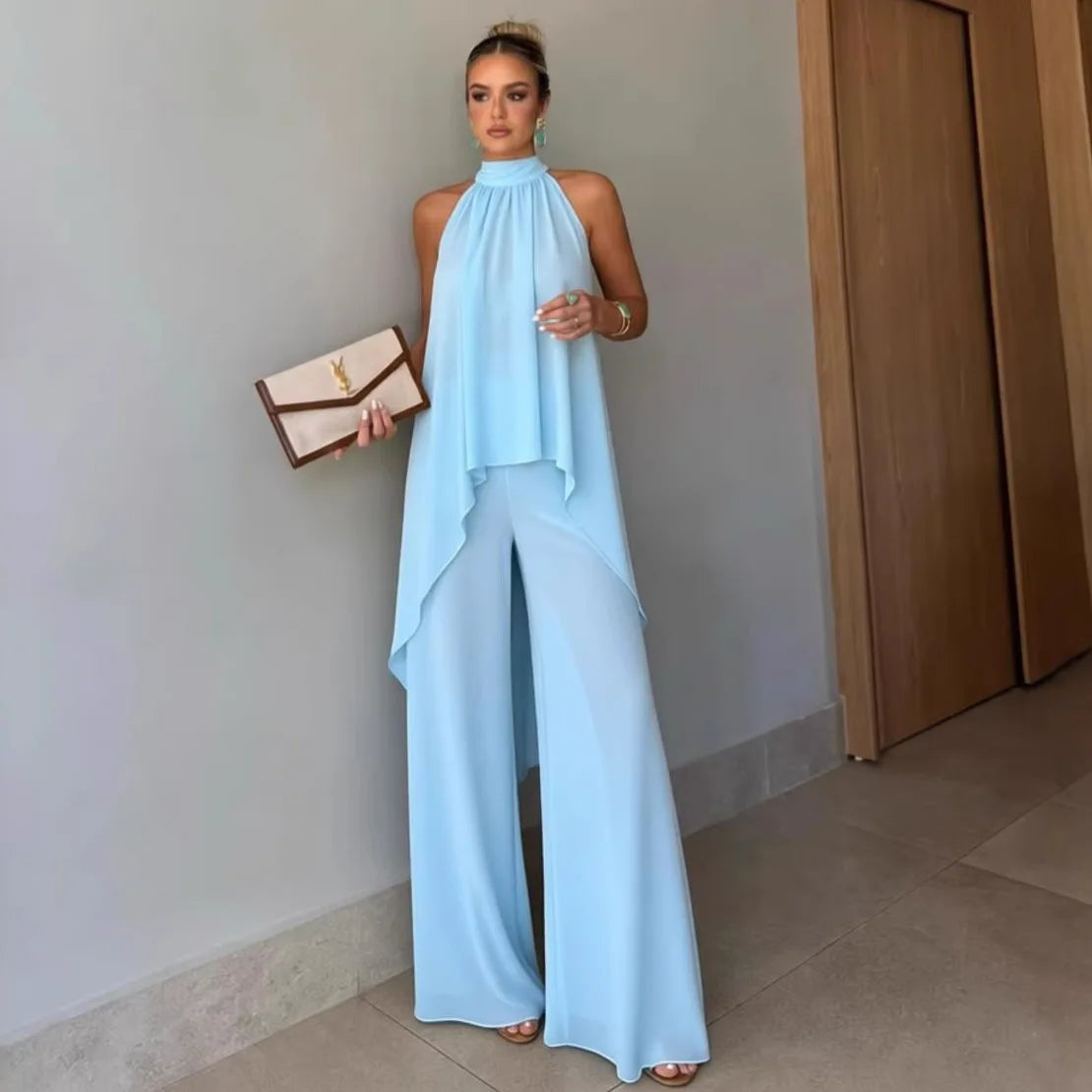 Women Summer Pants Suit: Asymmetrical Sleeveless 2-Piece Set