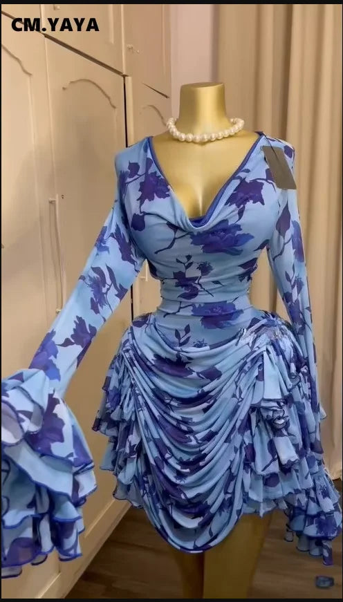 Tie-Dye Bell Sleeve Cascading Ruffle Dress