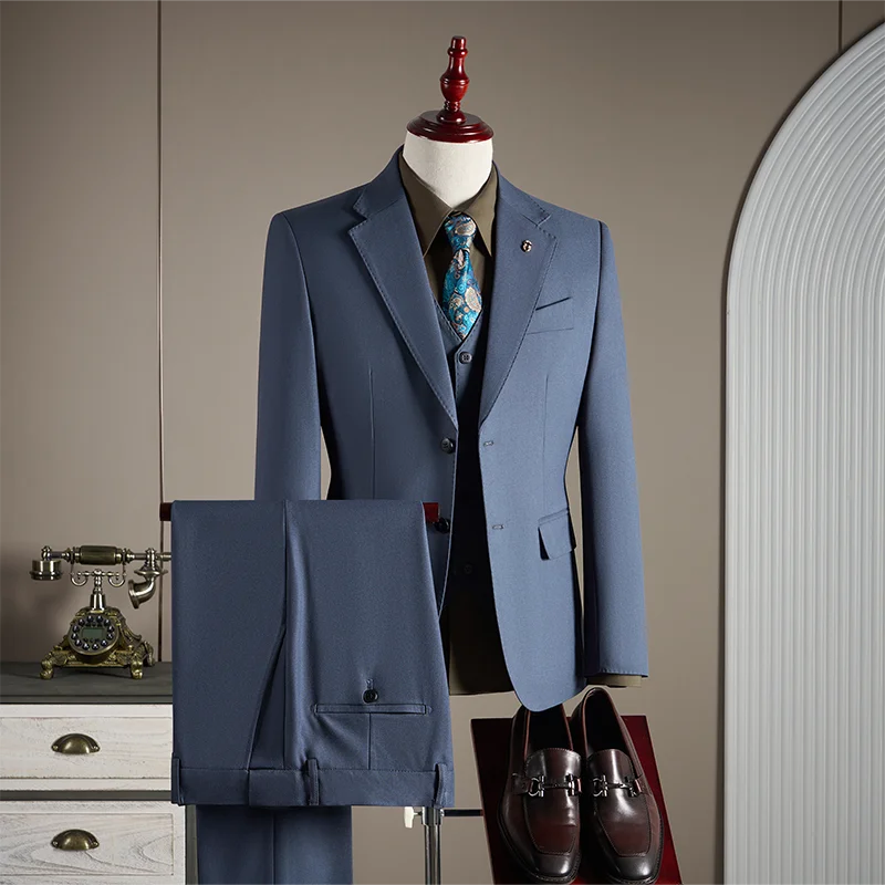 Men’s High-End Wool Blend Suit – British-Style 3-Piece Gray-Blue Wedding Suit