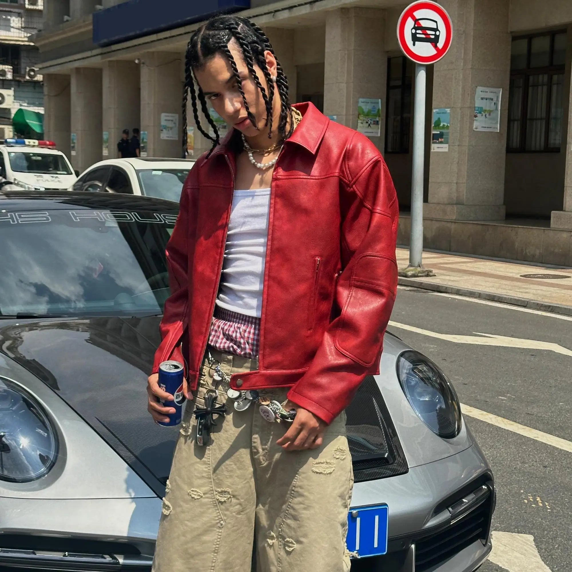 Korean Streetwear Red PU Jacket