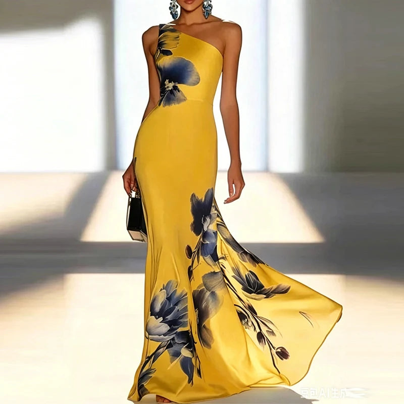 Floral Slash Collar Chiffon Evening Dress