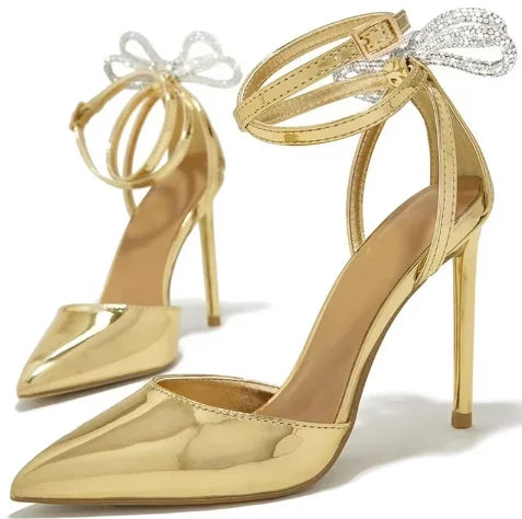 Gold Metallic Leather Pointed-Toe Heels – Crystal Bow Ankle Strap Pumps