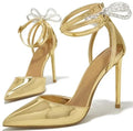Gold Metallic Leather Pointed-Toe Heels – Crystal Bow Ankle Strap Pumps