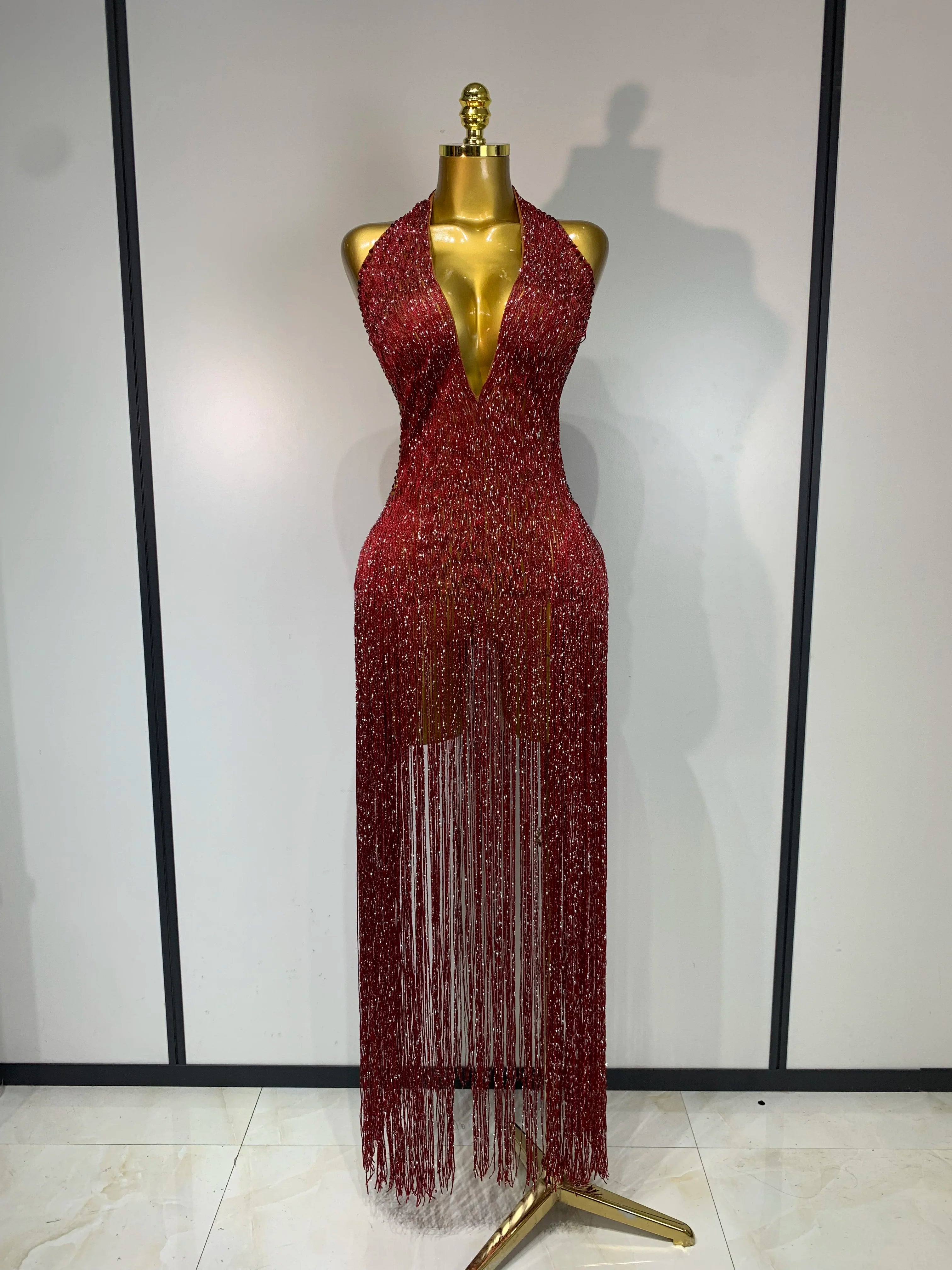 Sparkly Rhinestone Tassel Mesh Performance Bodysuit