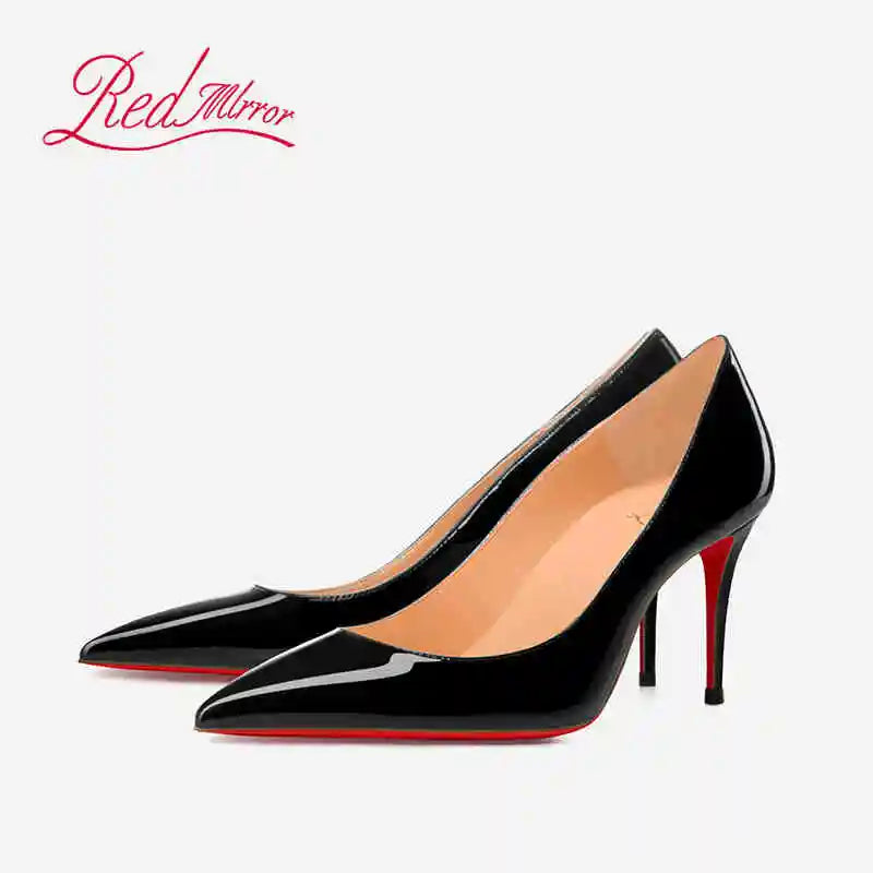 Black Pointed Heels with Red Shiny Bottoms
