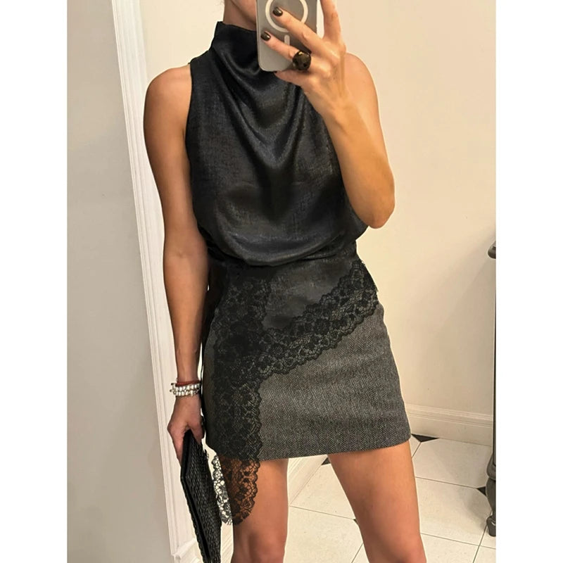 Lace Trim Satin High Low Vest Top
