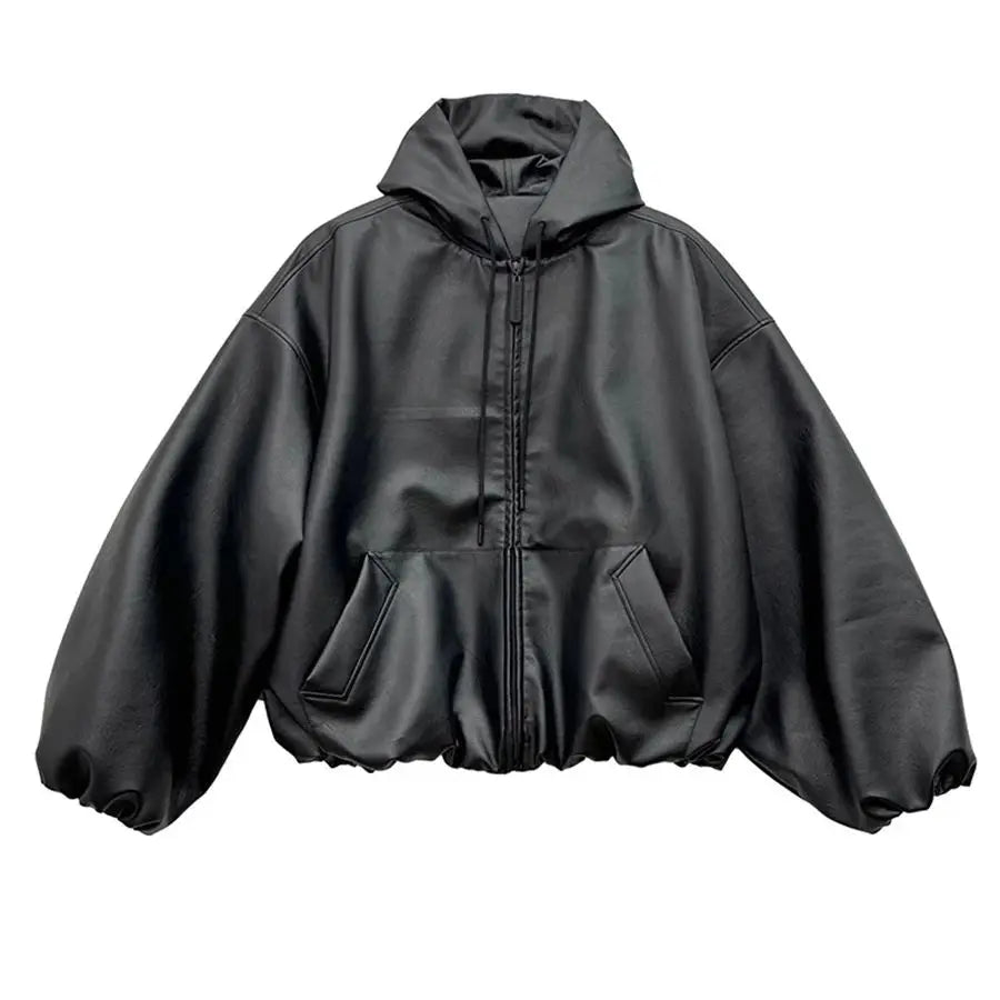 Mauroicardi Oversized Black PU Hooded Jacket