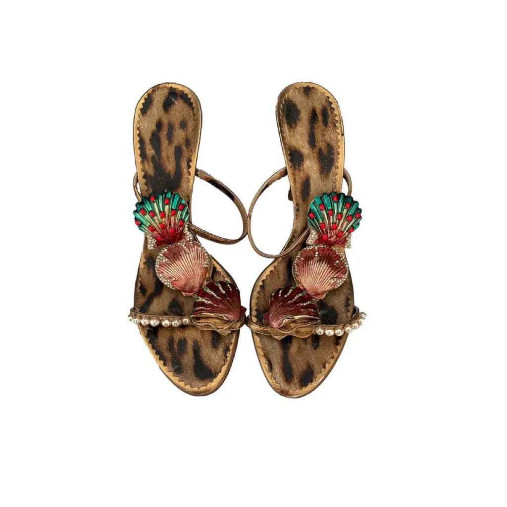 Leopard Pearl Shell Double Strap Sandals