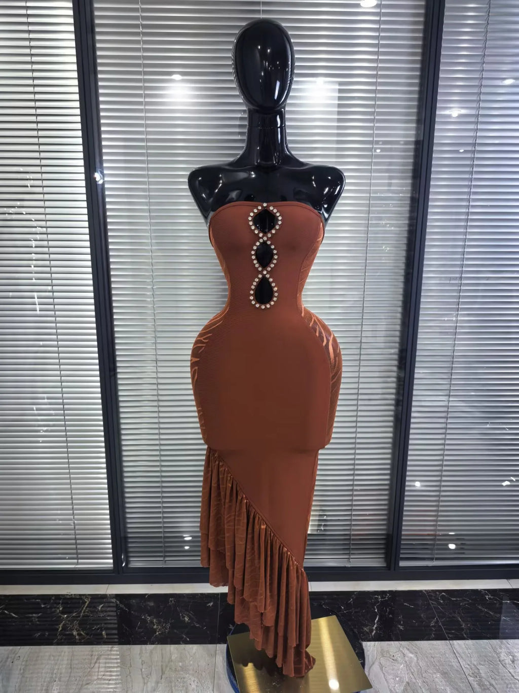 Brown Strapless Shining Diamond Bodycon Bandage Dress