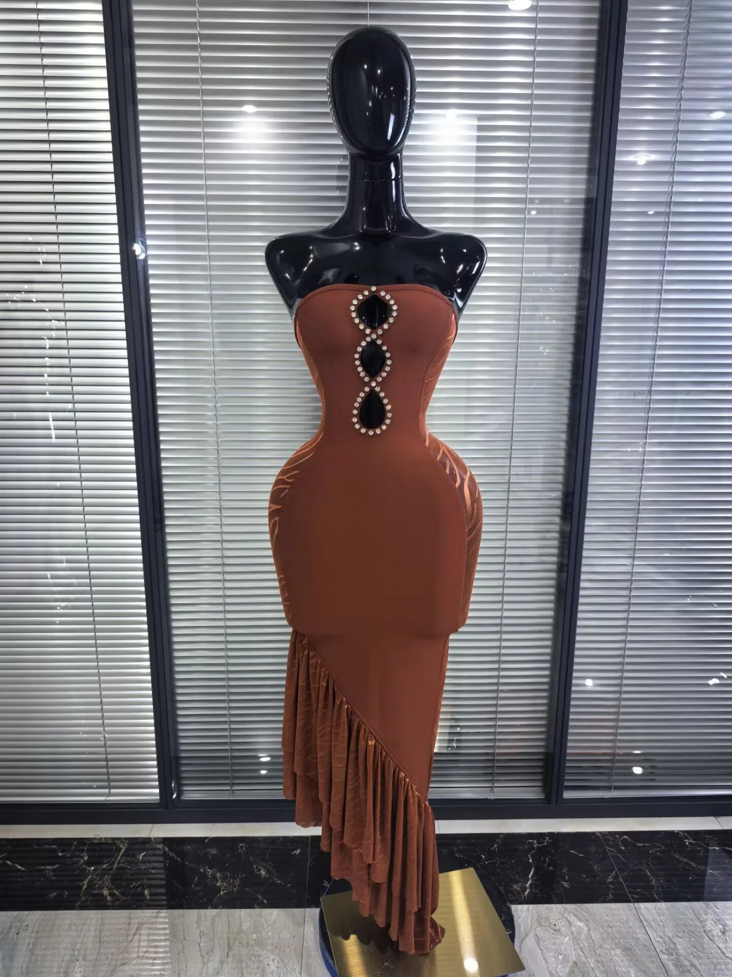 Brown Strapless Shining Diamond Bodycon Bandage Dress