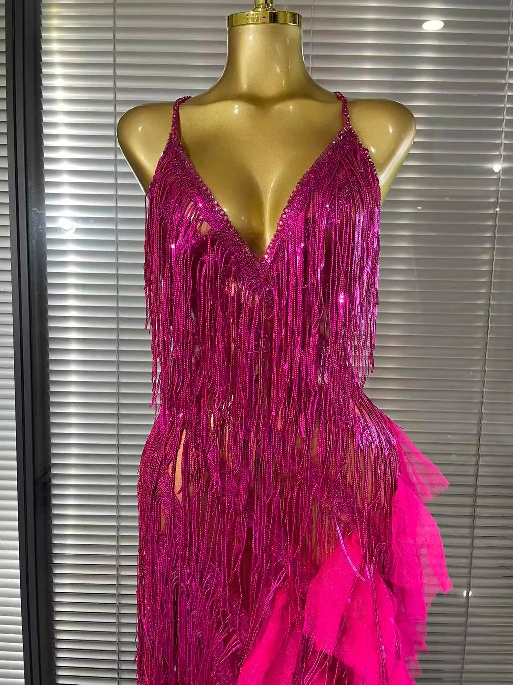 Sparkly Rhinestone Tassel Sheer V-Neck Dress – Sexy Party & Stagewear