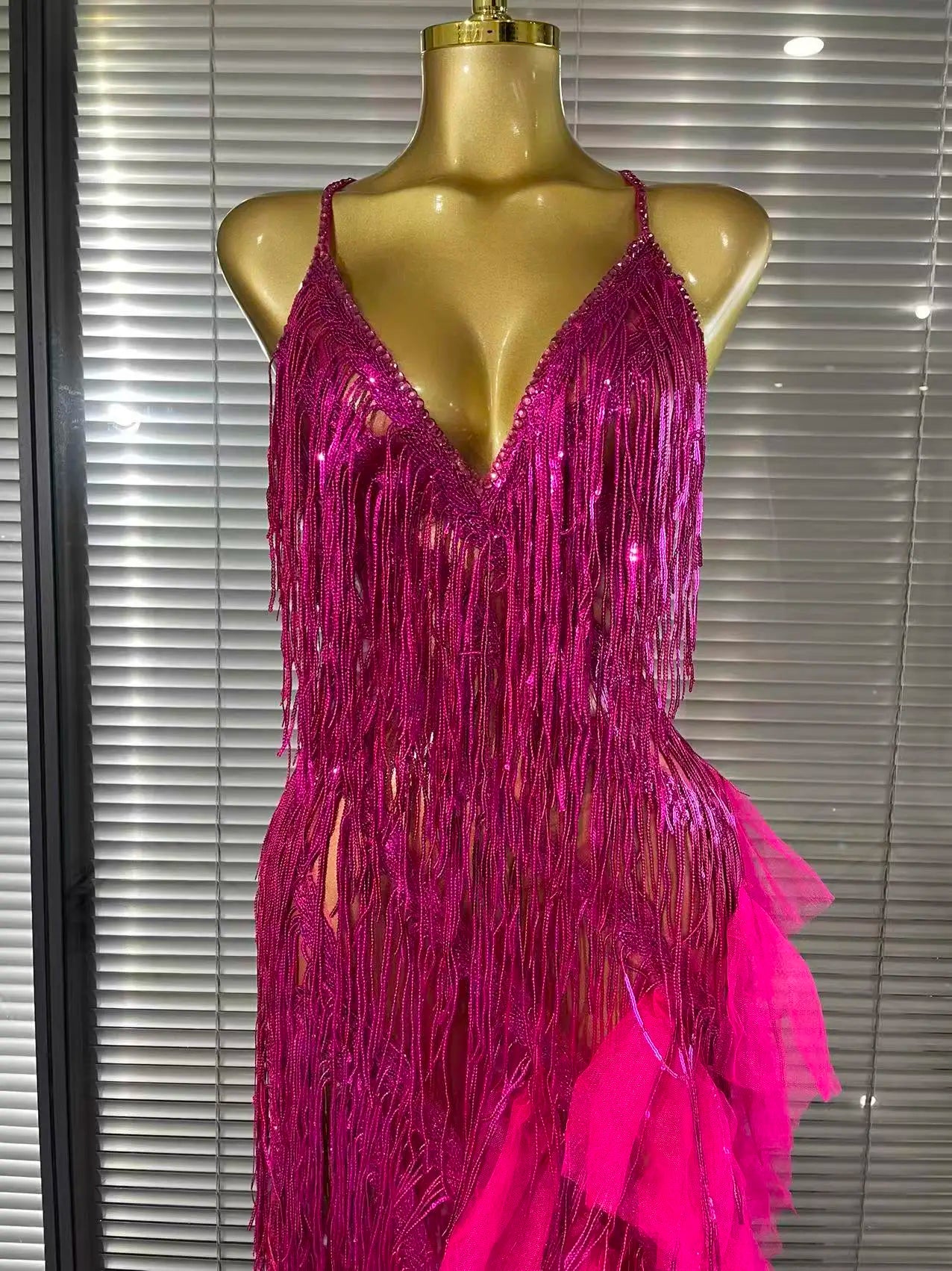 Sparkly Rhinestone Tassel Sheer V-Neck Dress – Sexy Party & Stagewear