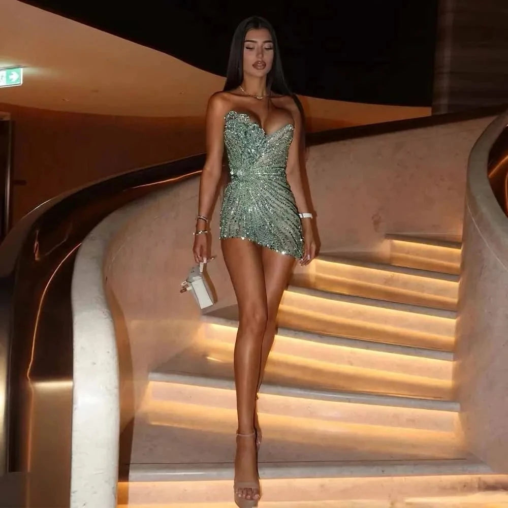 Sparkling Crystal Beaded Sweetheart Mini Cocktail Dress – Sexy Women’s Party Gown