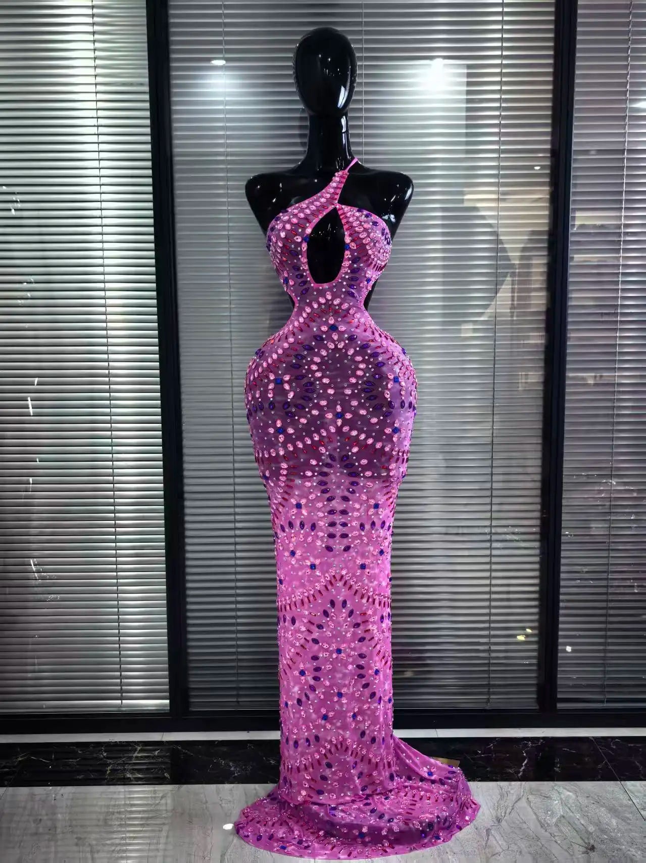 Pink Halter Backless Mesh Mermaid Dress