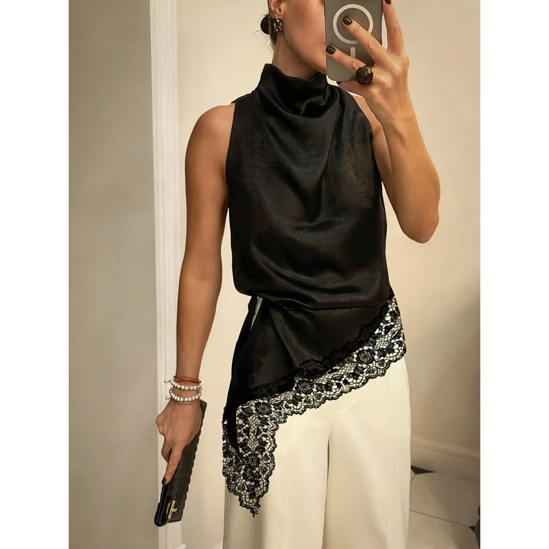 Lace Trim Satin High Low Vest Top