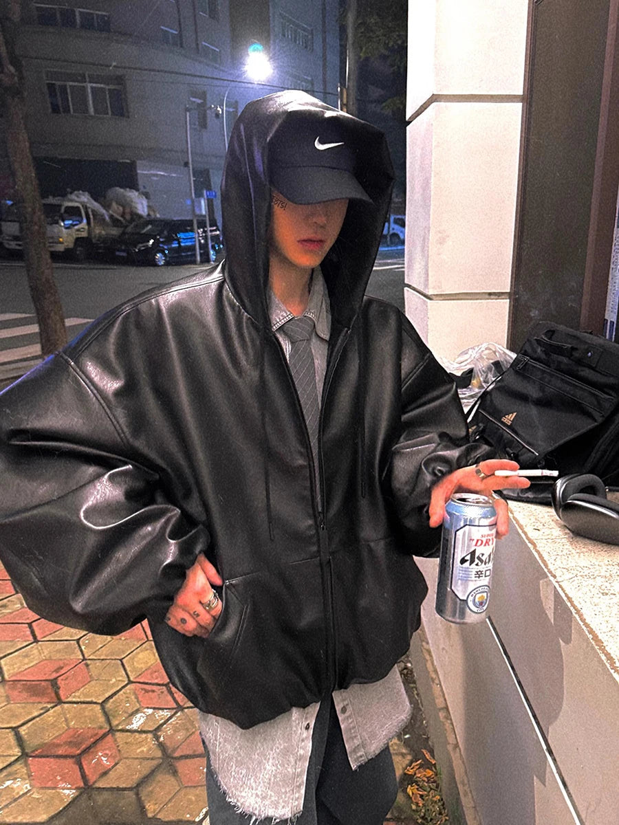 Mauroicardi Oversized Black PU Hooded Jacket