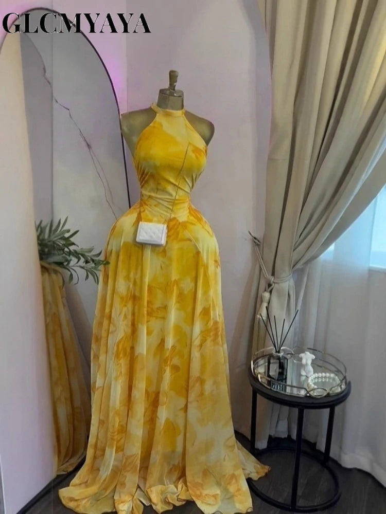 Sleeveless Printed Sashes A-Line Maxi Dress