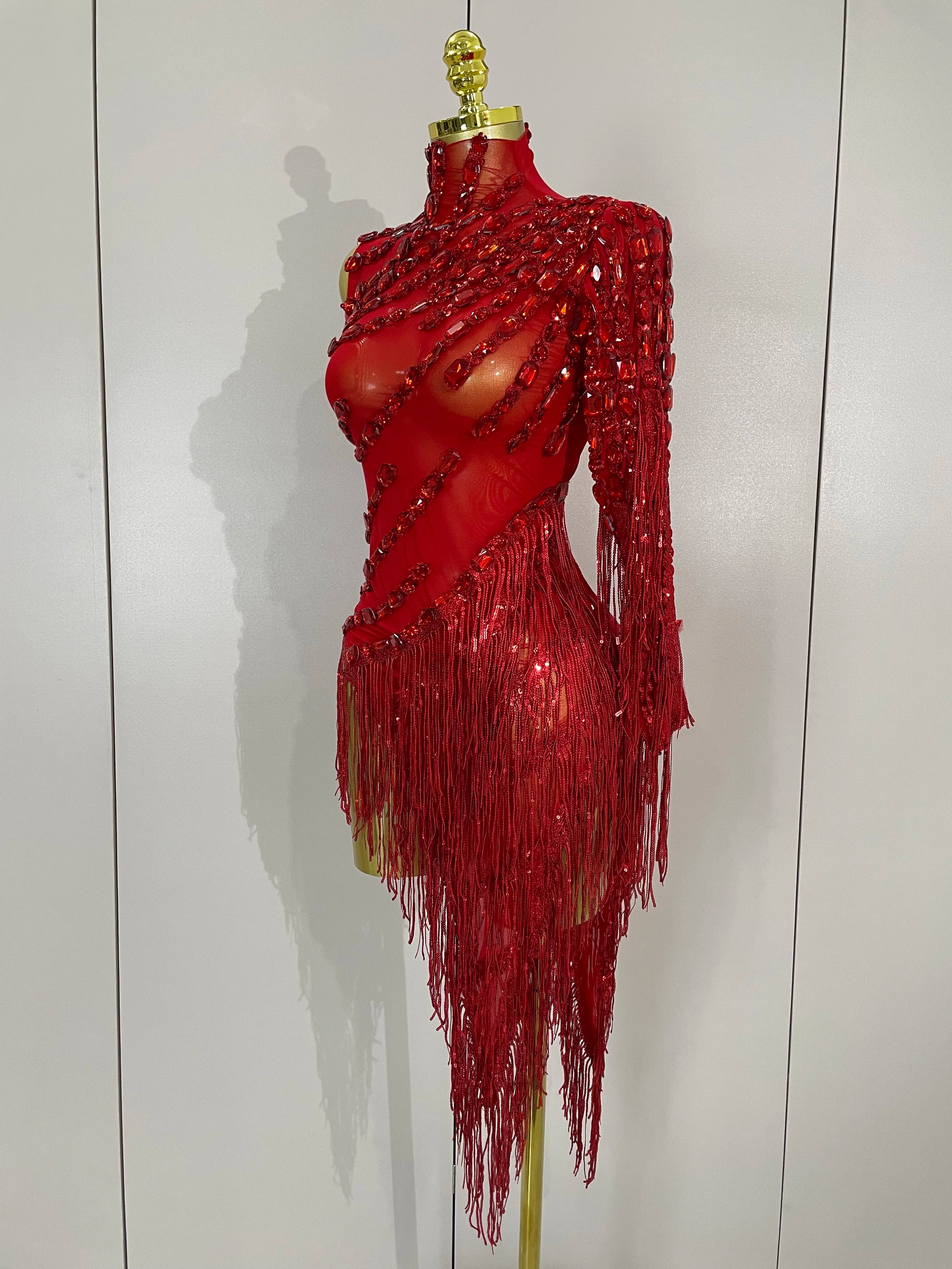 Sparkly One-Shoulder Rhinestone Tassel Latin Dress