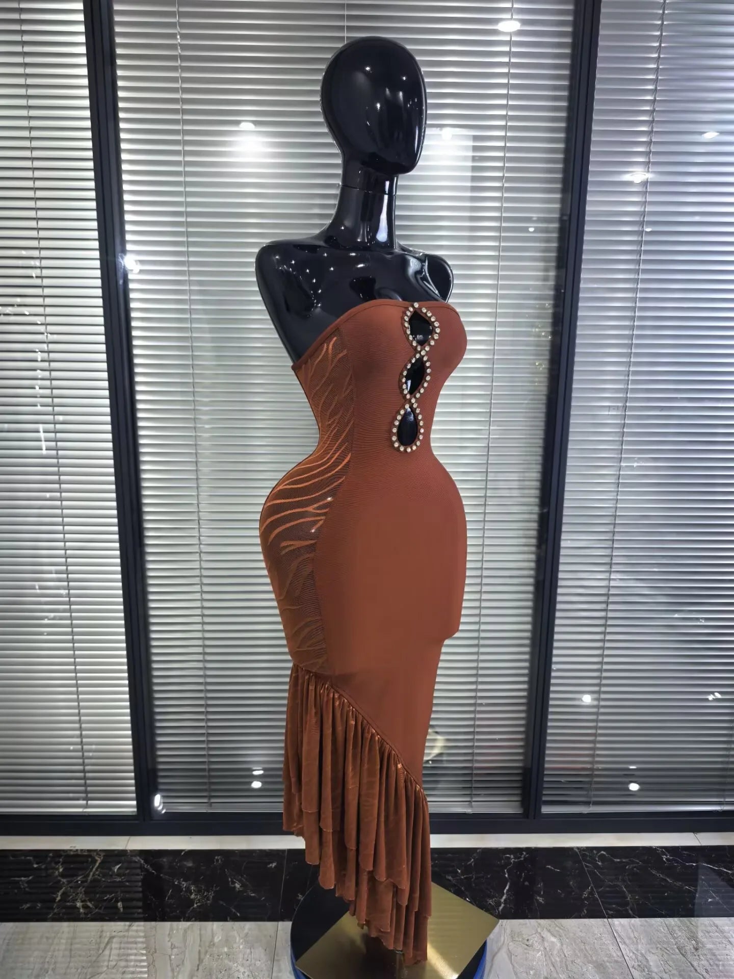 Brown Strapless Shining Diamond Bodycon Bandage Dress