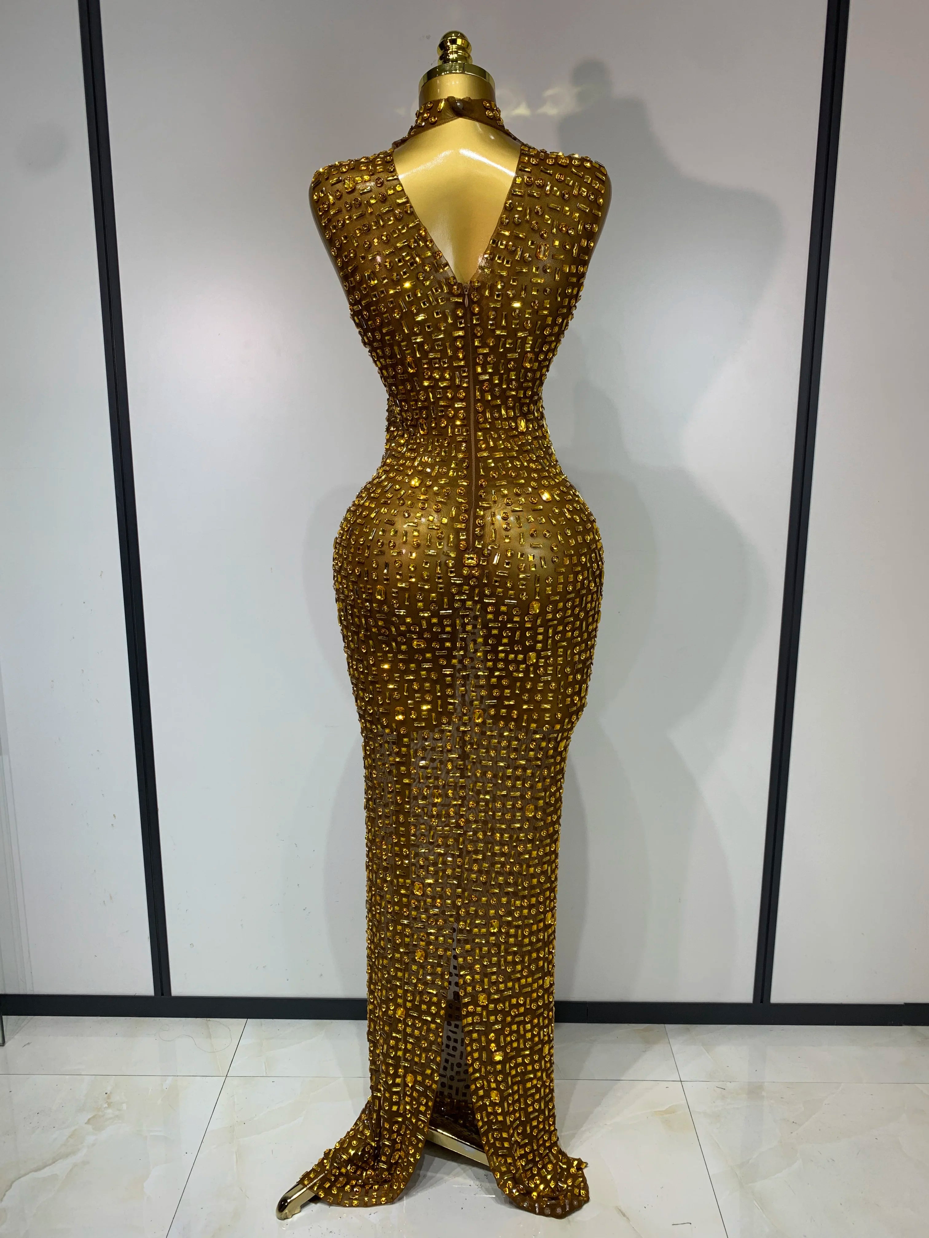 Sparkly Gold Rhinestone Sleeveless Mesh Long Dress