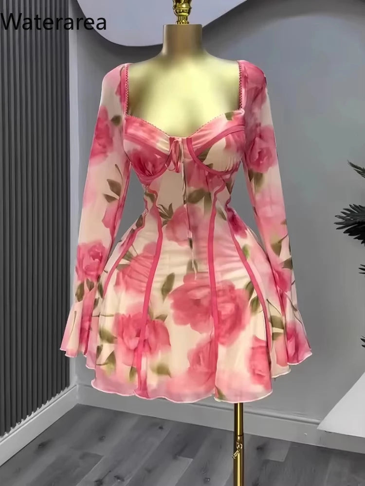 Floral Flare Sleeve Plunging V-Neck Dress