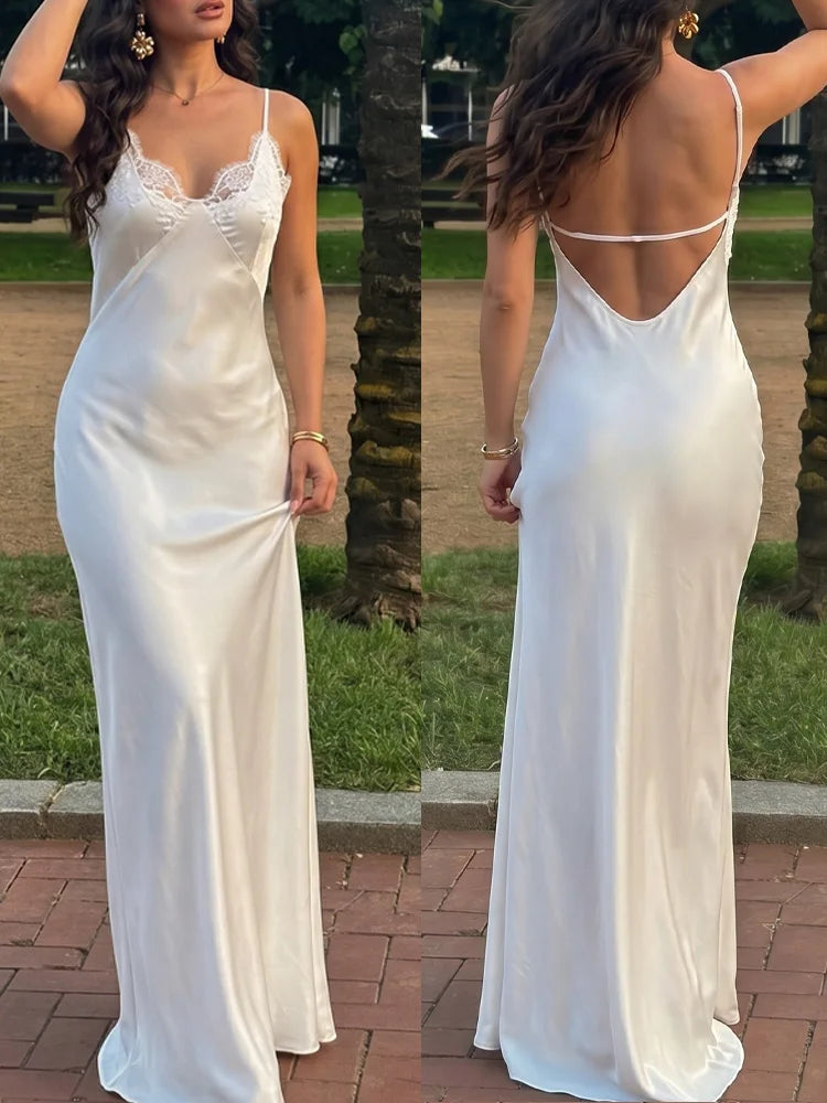 Retro Lace Stitching Backless Maxi Dress