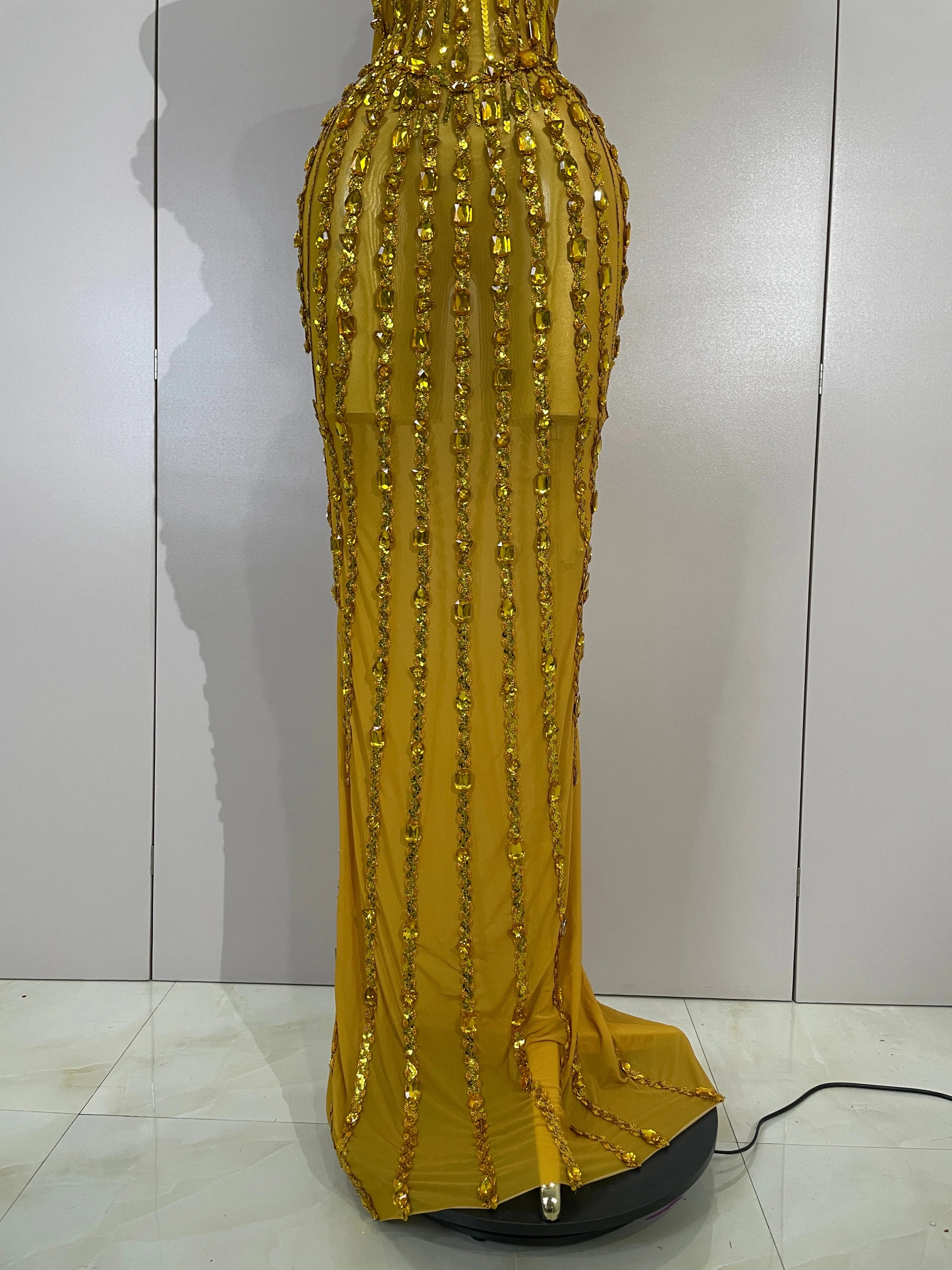 Elegant Gold Strapless Rhinestone Sheer Long Dress – Sexy Evening & Stagewear