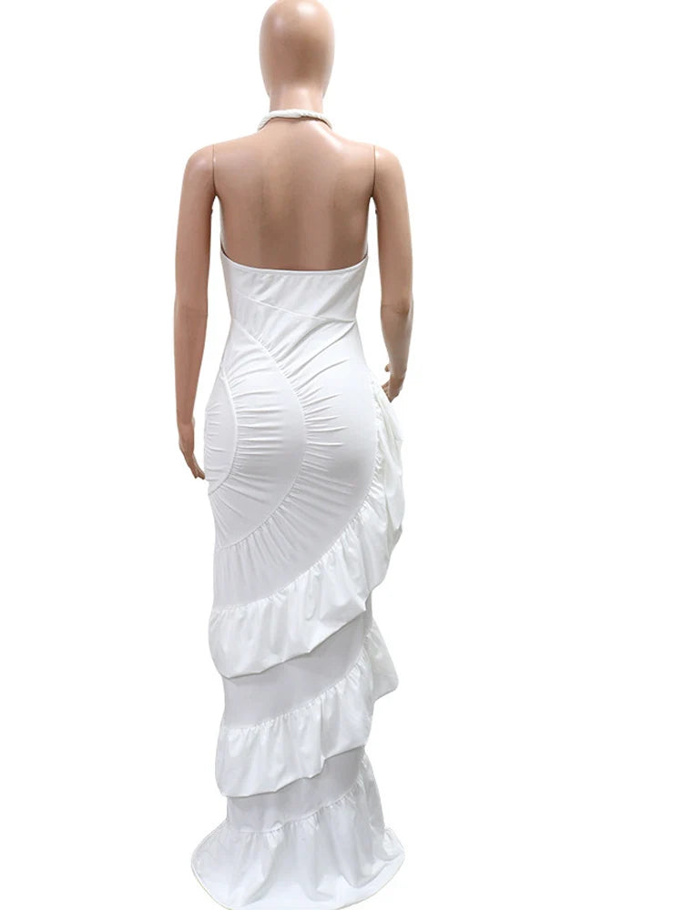 Halter V-Neck Ruched Mermaid Maxi Dress