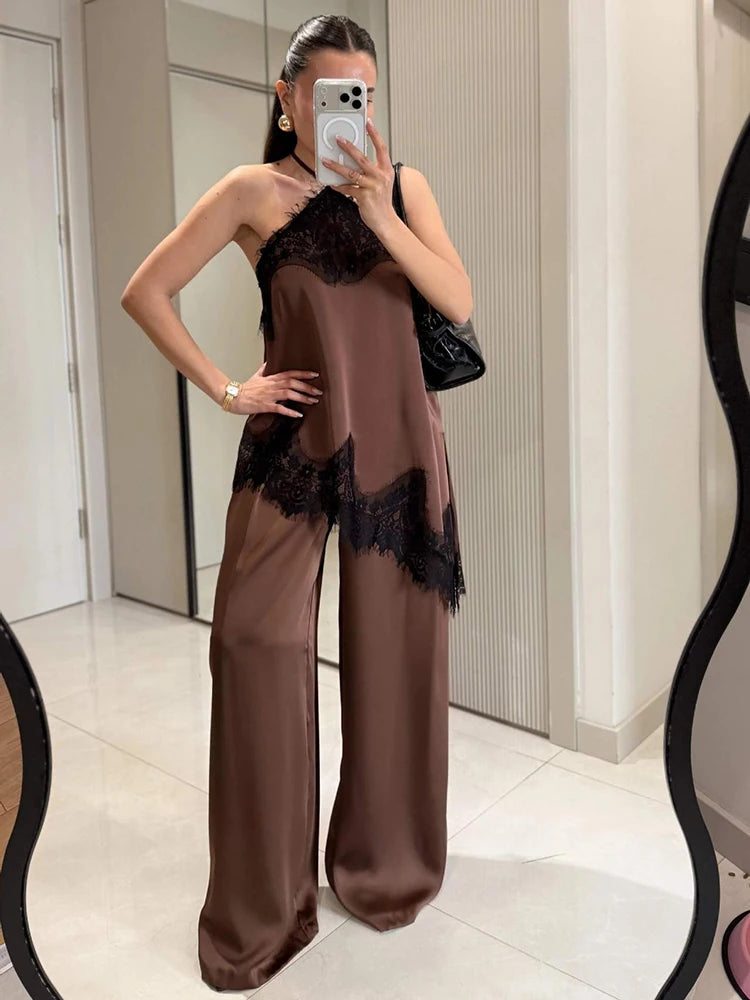 2-Piece Satin Halter Set: Asymmetric Lace Top & Wide-Leg Pants
