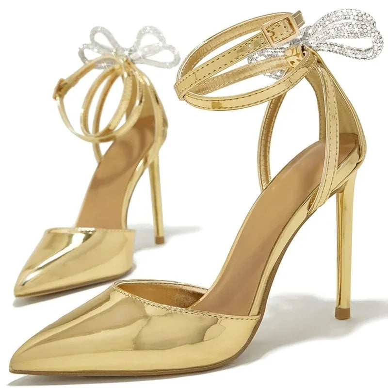 Gold Metallic Leather Pointed-Toe Heels – Crystal Bow Ankle Strap Pumps