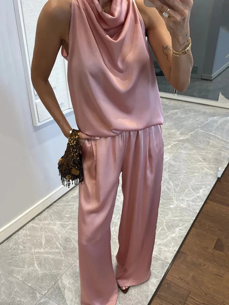 Elegant Sleeveless Satin Trousers Set