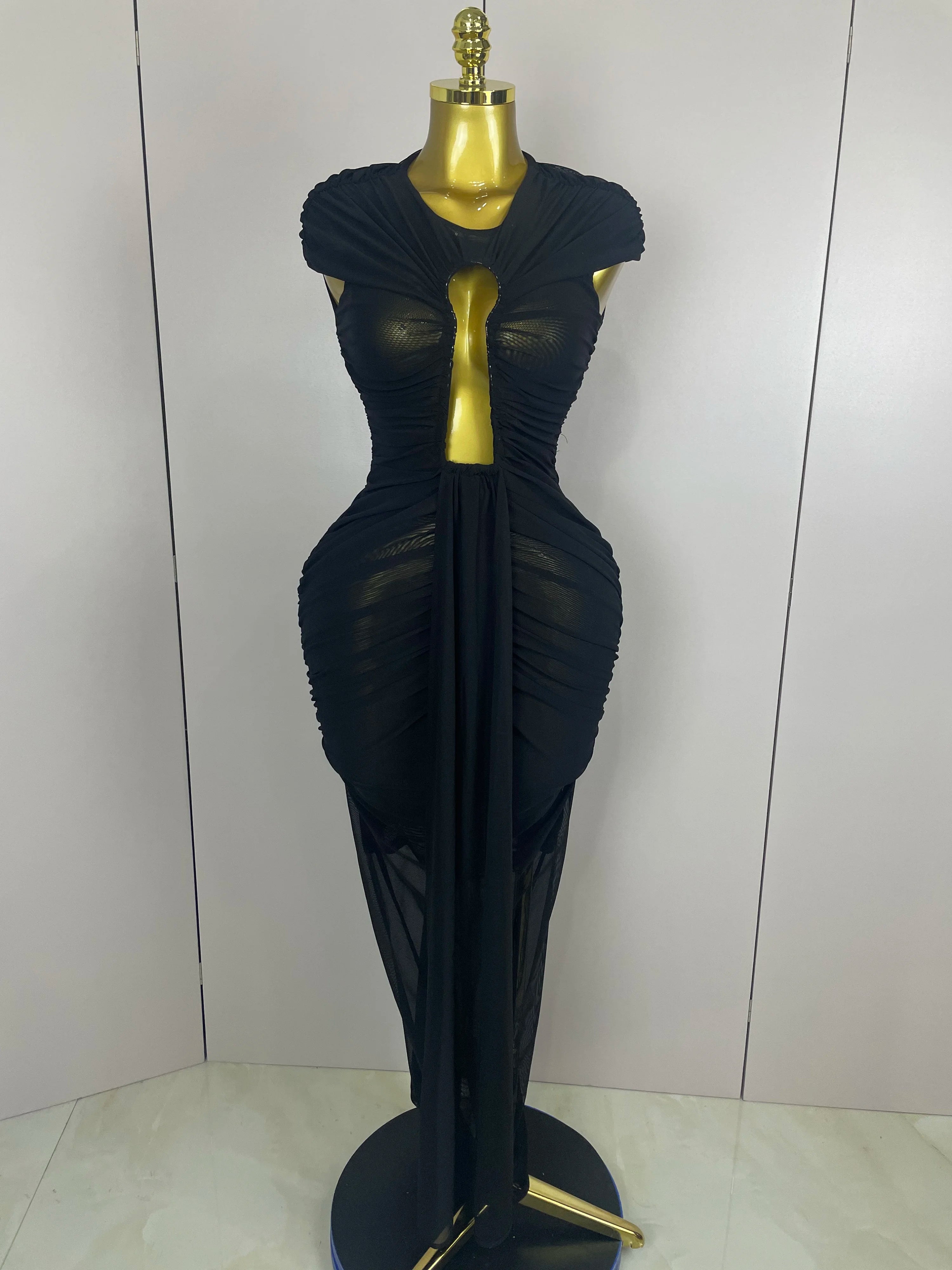 Sleeveless O-Neck Hollow-Out Mesh Bodycon Maxi Dress