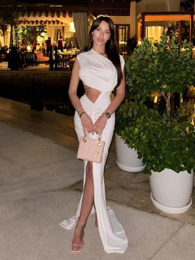 White Asymmetrical Ruched Bodycon Maxi Dress