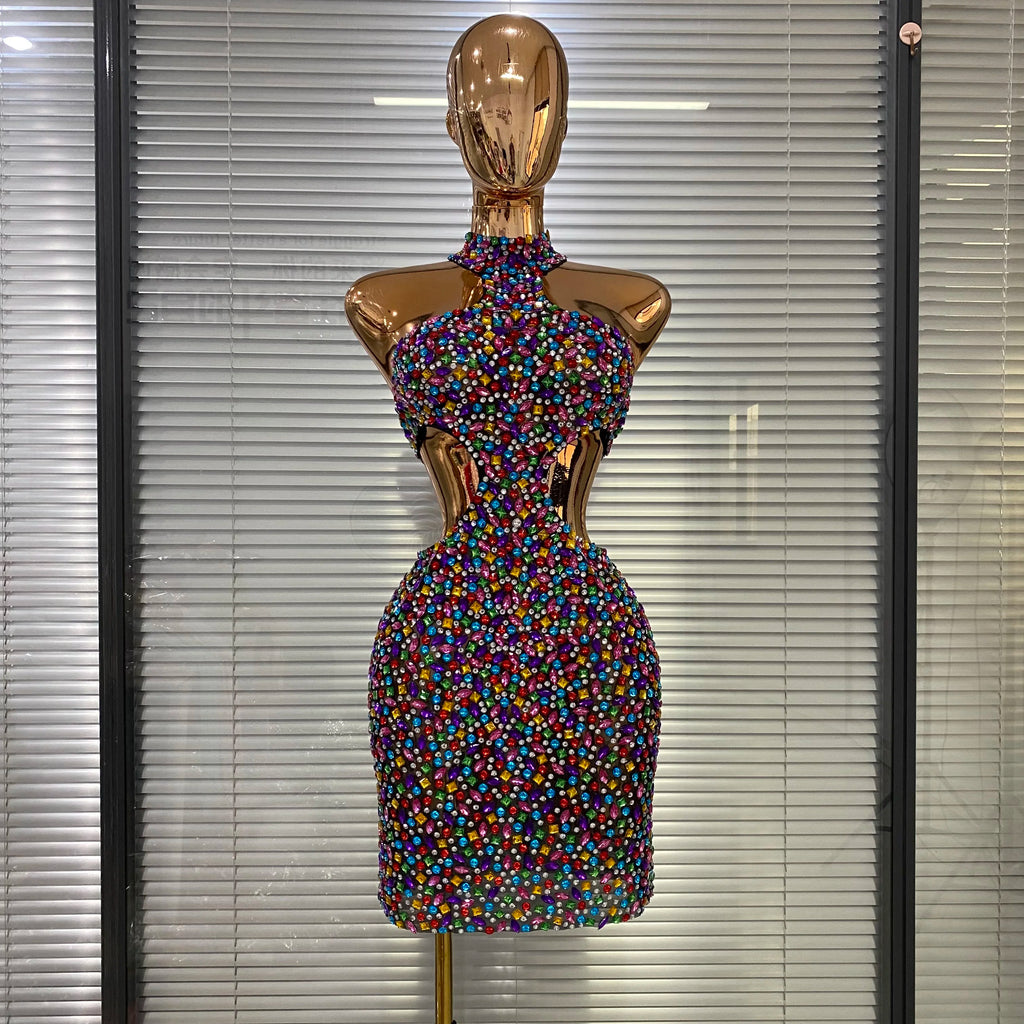 Colorful Rhinestone Cut-Out Backless Bodycon Mini Dress
