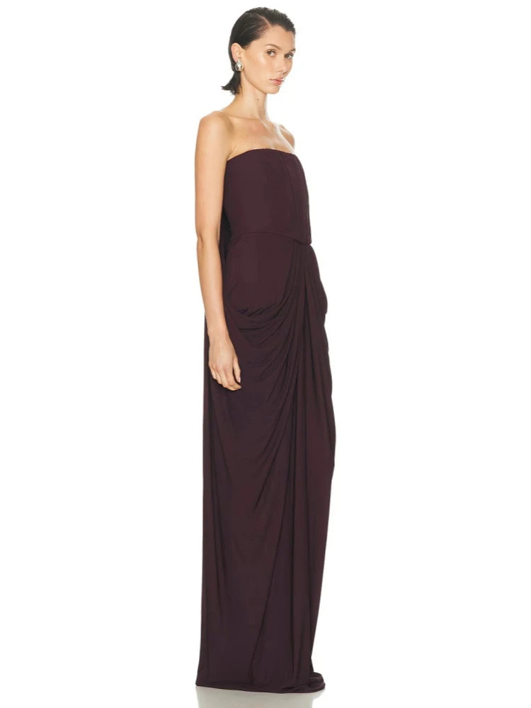 Sexy Strapless Ruched Brown Maxi Dress