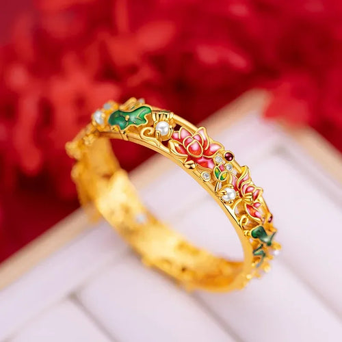 18K Gold Antique Enamel Orchid Bracelet