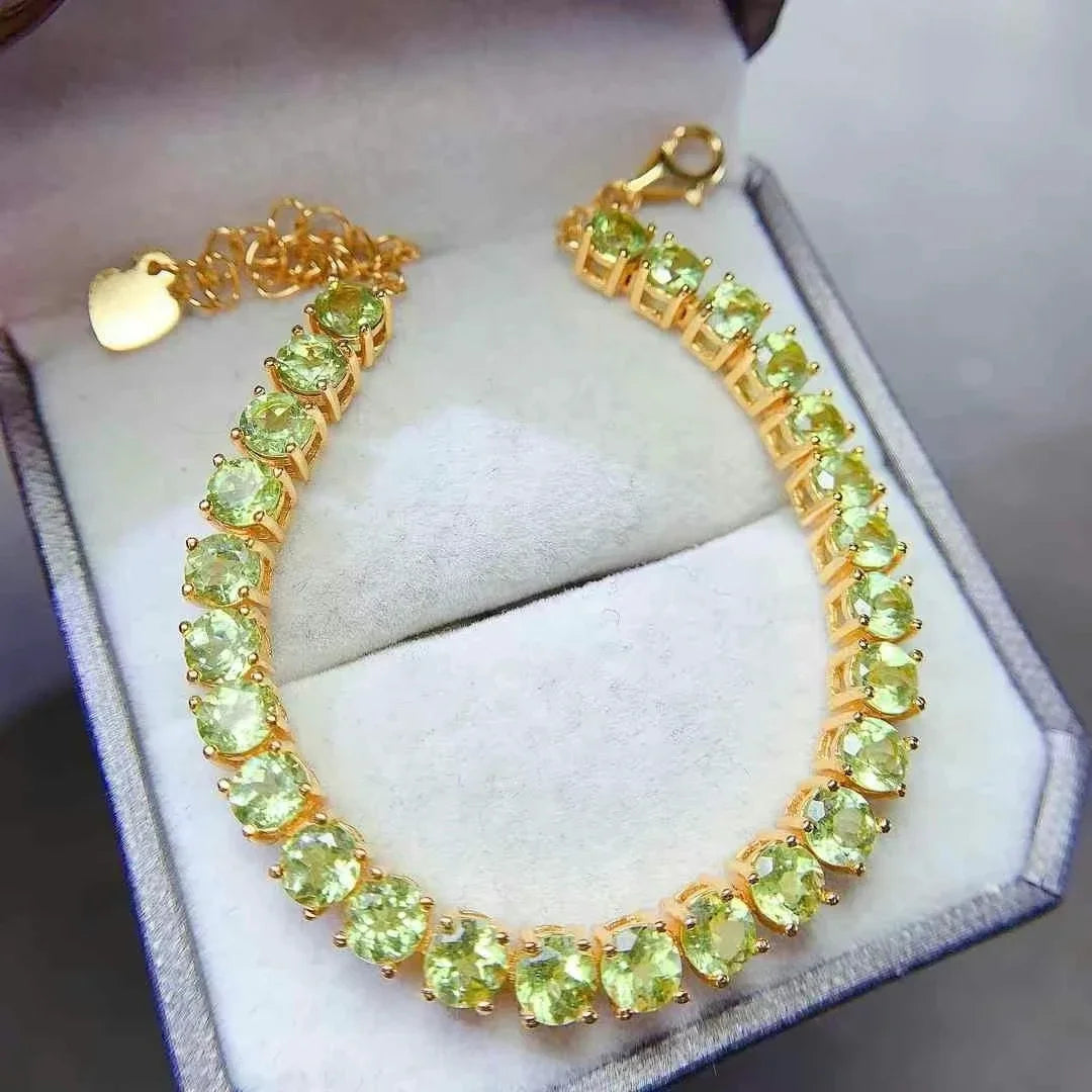 Classic 925 Silver Gemstone Bracelet 26 Pieces 4mm Natural Peridot Bracelet 18K Gold Plated Peridot Silver Jewelry