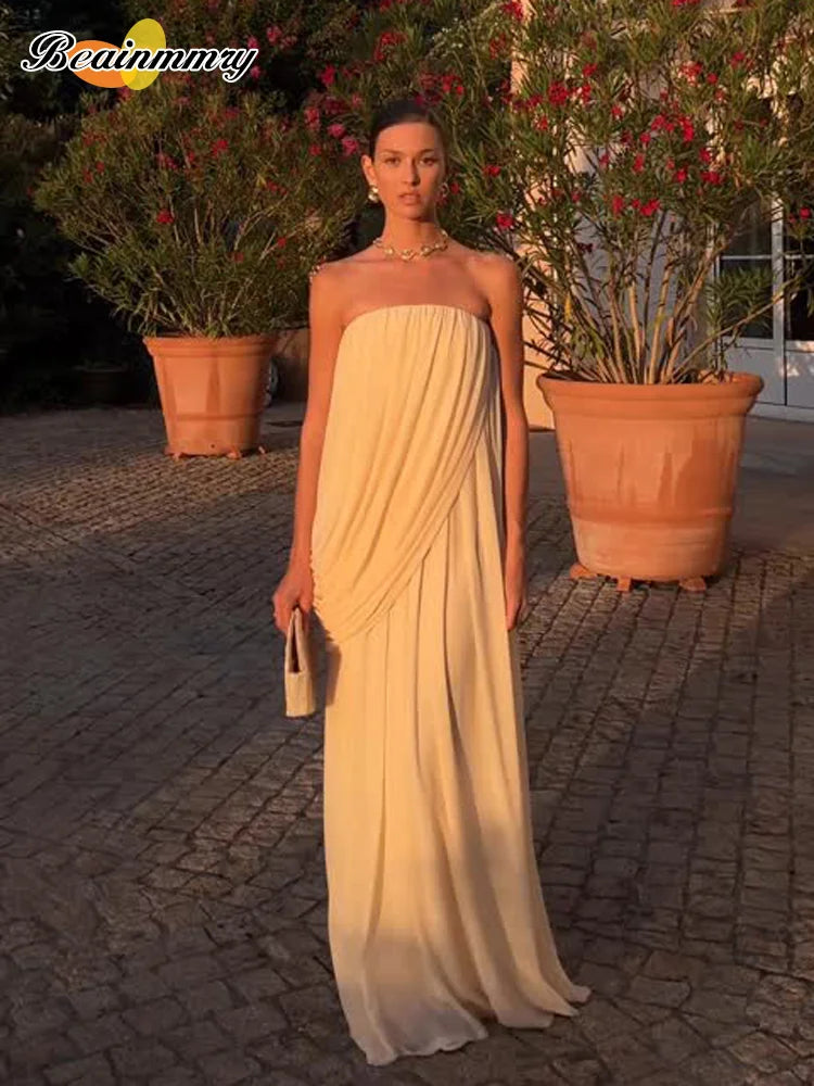 Elegant Yellow Strapless Pleated Maxi Dress