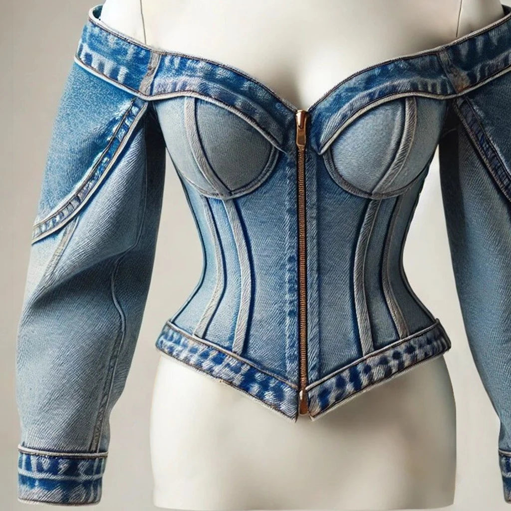 Goth Y2K Off-Shoulder Denim Top – Slim-Fit Zip-Up Long-Sleeve Blouse