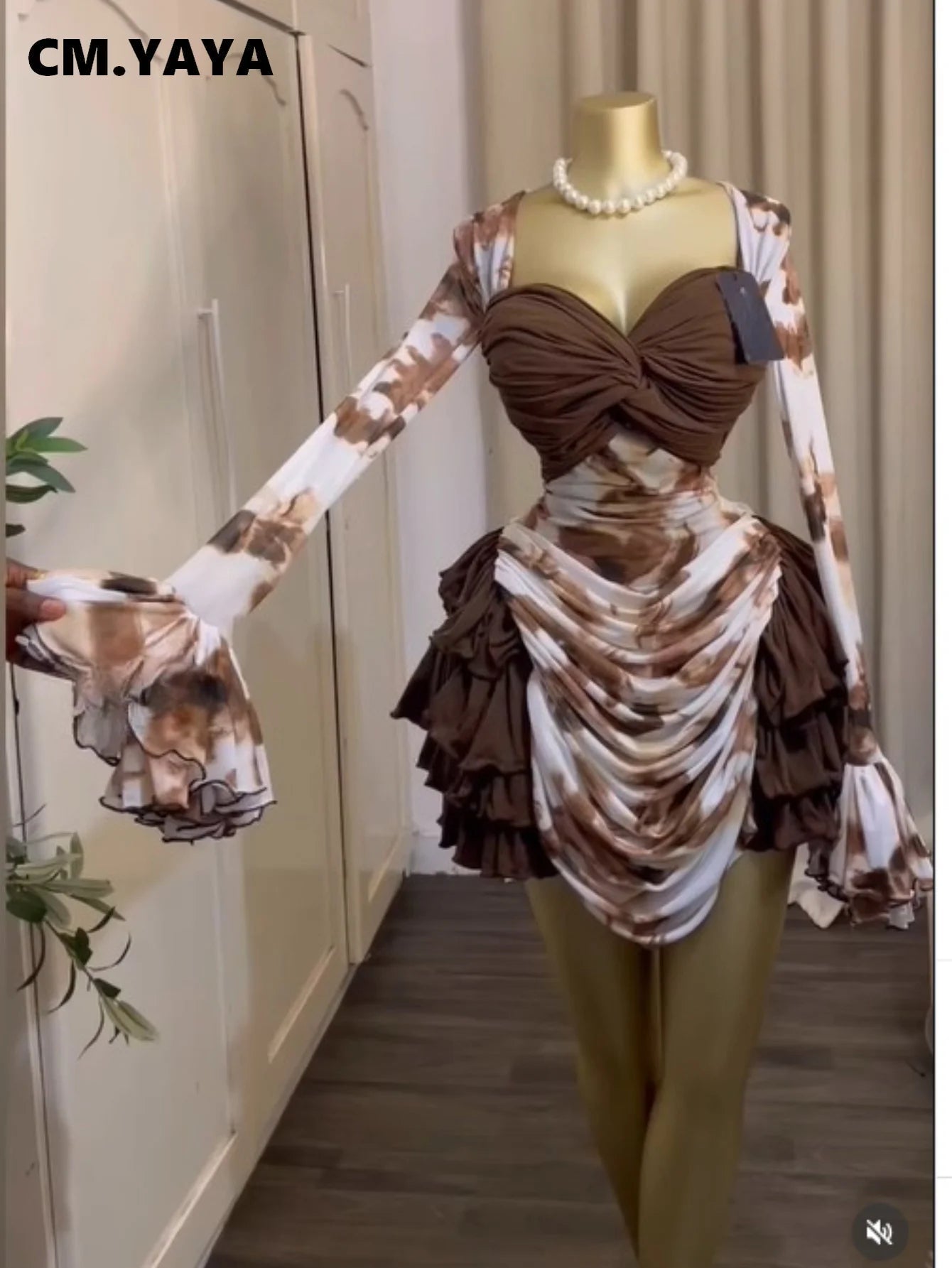 Tie-Dye Bell Sleeve Cascading Ruffle Dress